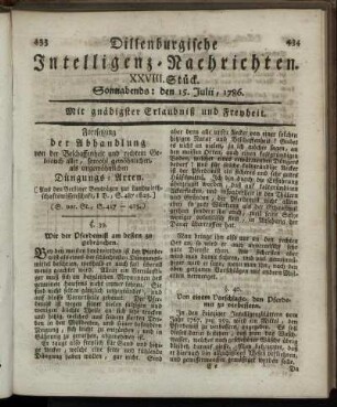 XXVIII. Stück. Sonnabends: den 15. Julii, 1786.