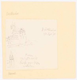 Kirche, Nassau und Turm, Dietkirchen: Perspektivische Ansicht der Kirche und Skizze Turm gegen Westen (aus Quast Skizzenbuch)