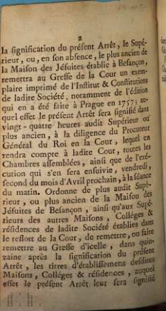 Arrest Du Parlement De Besançon, Concernant la Société des Jésuites : Du 27 Mars 1762. Extrait des Registres du Parlement