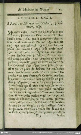 Lettre DXXII. A Paris, ce Mécredi des Cendres, 23. Février, 1689