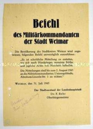 Befehl des Militärkommandanten der Stadt Weimar zur Meldung von Blindgängern, Minen und Munition aller Art