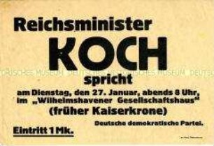 Aufruf der DDP zu einer Veranstaltung mit Reichsminister Koch