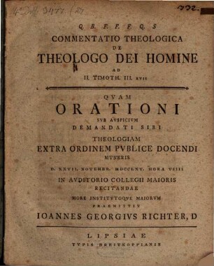 Commentatio Theologica De Theologo Dei Homine : ad II. Timoth. III. XVII