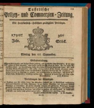 36tes Stueck, Montag den 6ten September. 1790