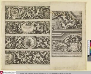 Frizes Feuillages ou Tritons marins antiques et modernes nouvellement; Recherche de plusieurs beaux morceaux d'ornemens pour servir aux frontons des placarts plaphons et Lembris