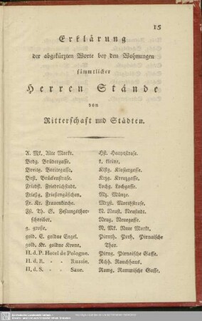 Erklärung der abgekürzten Worte bey den Wohnungen sämmtlicher Herren Stände von Ritterschaft und Städten