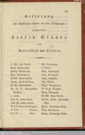 Erklärung der abgekürzten Worte bey den Wohnungen sämmtlicher Herren Stände von Ritterschaft und Städten