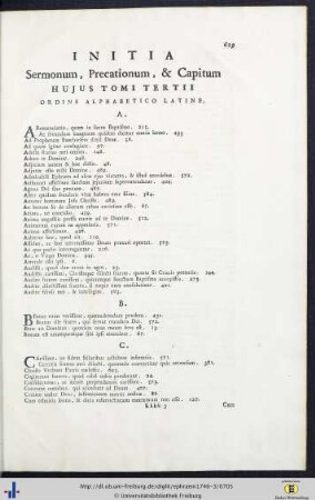Initia Sermonum, Precationum, et Capitum Hujus Tomi Tertii Ordine Alphabetico Latine.