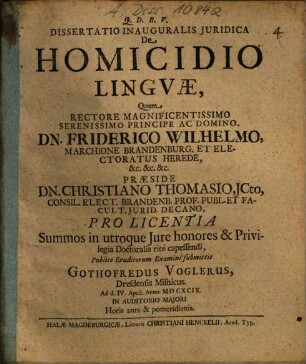Dissertatio Inauguralis Juridica De Homicidio Lingvae