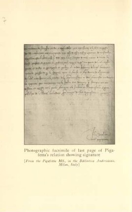 Photographic facsimile of last page of Pigafetta's relation showing signature