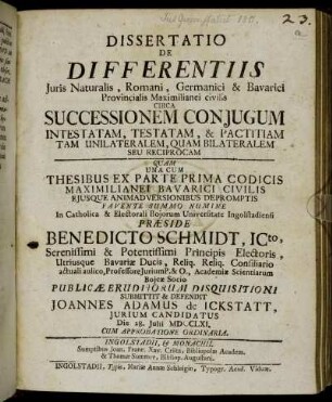 Dissertatio De Differentiis Juris Naturalis, Romani, Germanici & Bavarici Provincialis Maximilianei civilis Circa Successionem Conjugum Intestatam, Testatam, & Pactitiam Tam Unilateralem, Quam Bilateralem Seu Reciprocam