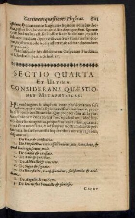 Sectio Quarta Et Ultima. Considerans Quaestiones Metaphysicas.