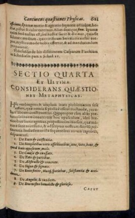 Sectio Quarta Et Ultima. Considerans Quaestiones Metaphysicas.