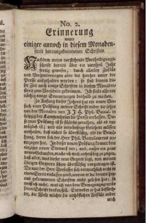 No. 2. Erinnerung wegen einiger annoch in diesem Monadenstreit herausgekommenen Schriften.