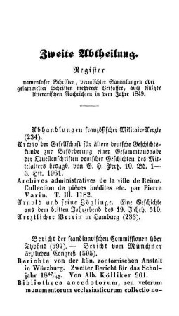 Zweite Abtheilung. Register namenloser Schriften, vermischter Sammlungen oder gesammelter Schriften mehrerer Verfasser, auch einiger litterarischen Nachrichten in dem Jahre 1849.