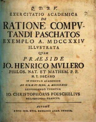 Exercitatio academica de ratione computandi paschatos exemplo a. MDCCXXIV. illustrata
