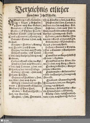 Verzeichnis etlicher fürnehmer JahrMärckte
