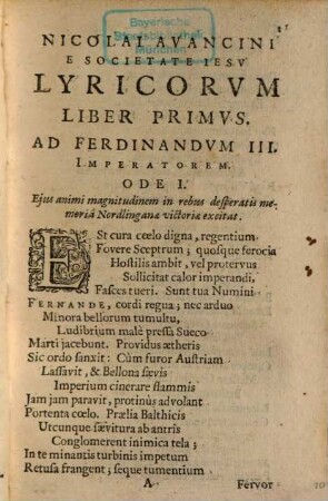 Poesis Lyrica Nicolai Avancini è Societate Jesv : Qua continentur Lyricorum Libri IV. Et Epodon Liber Unus