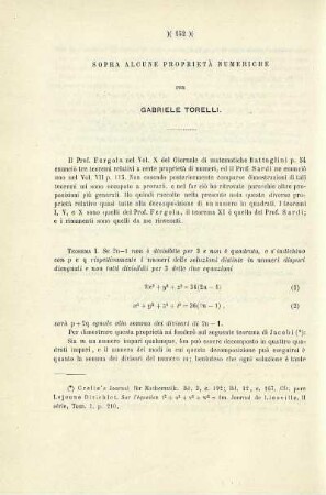Sopra alcune proprietà numeriche.