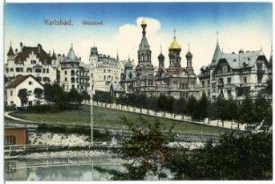 Karlsbad. Westend mit Russischer Kirche (1897) : Karlsbad. Westend mit Villa Ritter (1897), Evangel. Hospiz (1897-1899) und Westendstraße mit Russisch-Orthodoxer Kirche Sankt Peter und Paul (1893-1897; Gustav Wiedermann)