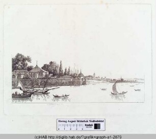 Flusslandschaft mit Booten und Stadtansicht.