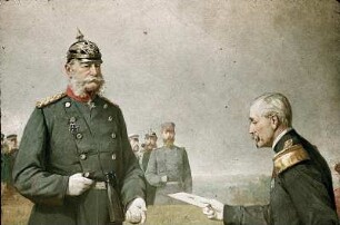 General Reille überbringt König Wilhelm I. auf dem Schlachtfelde von Sedan das Schreiben Kaiser Napoleons