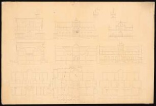 Zweigeschossiges Schloss mit elfachsiger Fassade: Vorder-, Rück- und Seitenansichten, Schnitte, Grundriss Keller-, Erd- und Obergeschoss