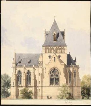 Kirche - kolorierter Studienentwurf: Aufriss: Ansicht von Norden 1:100