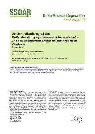 Der Zentralisationsgrad des Tarifverhandlungssystems und seine wirtschafts- und sozialpolitischen Effekte im internationalen Vergleich