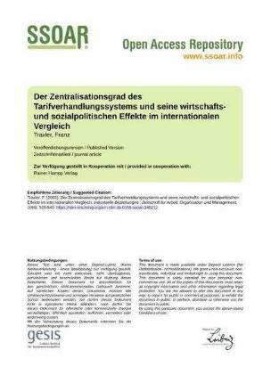 Der Zentralisationsgrad des Tarifverhandlungssystems und seine wirtschafts- und sozialpolitischen Effekte im internationalen Vergleich