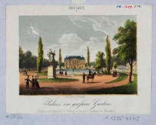 Das Palais im Großen Garten in Dresden von Osten über den Palaisteich, im Vordergrund die Üppigkeitsvase von Antonio Corradini