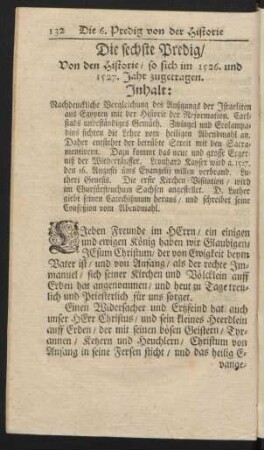 Die sechste Predig, Von den Historie, so sich im 1526. und 1527. Jahr zugetragen.