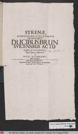 Strenae, Serenissimis Guelphorum Principibus, Ducibus Brunsvicensibus Ac Lunaeburgensibus &c.