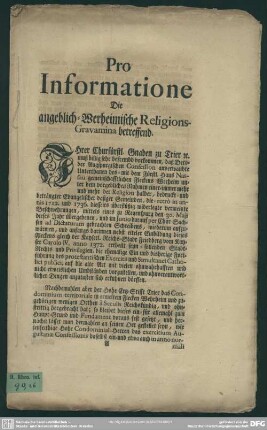 Pro Informatione Die angeblich-Werheimische Religions-Gravamina betreffend : [Dat. 22. Octobr. 1739]