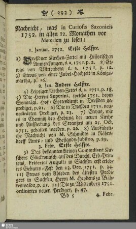 Nachricht, was in Curiosis Saxonicis 1752. in allen 12. Monathen vor Materialien zu lesen
