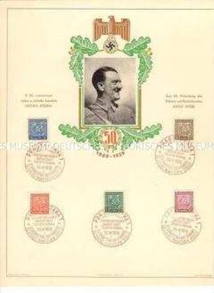 Schmuckblatt aus dem Protektorat Böhmen und Mähren mit Sondermarken und -stempel zum 50. Geburtstag von Hitler