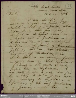 Eigenh. Brief von John Black an August Wilhelm von Schlegel, London, 18.08.1826