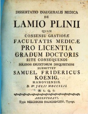 Diss. inaug. med. de lamio Plinii : cum tab. aen.