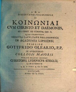Diss. philol. de koinōnia cum Christo et daemoniis, ad 1 Epist. ad Cor. X.