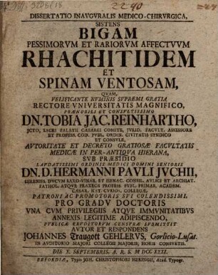 Diss. ... sistens bigam pessimorum et rariorum affectuum, rhachitidem et spinam ventosam
