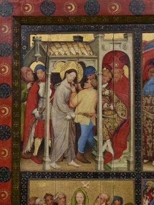 Wildunger Altar — Altar im geöffneten Zustand — Christus vor Pontius Pilatus, Dornenkrönung, Pfingstwunder und Jüngstes Gericht — Christus vor Pilatus
