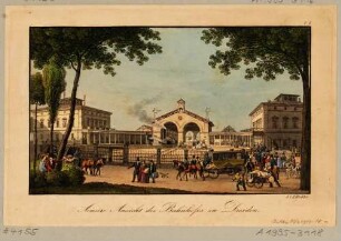 Der Kopfbau des Leipziger Bahnhofes zwischen der Leipziger Straße und Eisenbahnstraße in Dresden-Neustadt, 1839 eingeweiht, Blick nach Norden