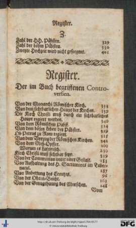 Register der im Buch begriffenen Controversien.