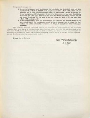 Bericht nebst Anlagen zur ausserordentlichen General-Versammlung des Norddeutschen Lloyd am 20. Juli 1885