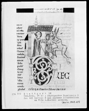 Stuttgarter Passionale — Pars hiemalis (erster Band) — Initiale D (ilectissimi), darin der heilige Basilius zieht einen Sünder aus den Klauen des Teufels, Folio 183recto