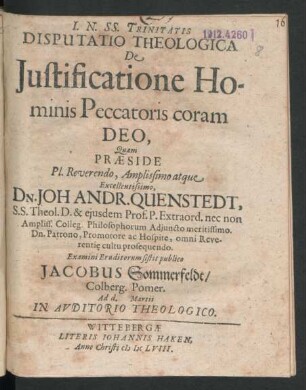 Disputatio Theologica De Iustificatione Hominis Peccatoris coram Deo