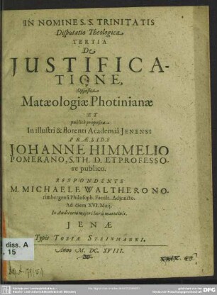 Disputatio theologica tertia de justificatione