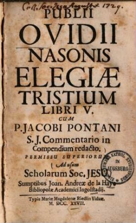 Publii Ovidii Nasonis Elegiae Tristium Libri V.