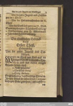 Der Geistlichen Gedenck-Kunst Erster Theil. Gedenckring Vor die zarte Jugend und Einfältigen.
