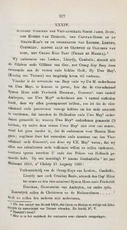 XXXIV. Accoord tusschen den vice-admirael Simon Jansz. Hoen, den koning van Ternate, den capitan-Hitoe en de Orang-Kiai's ...